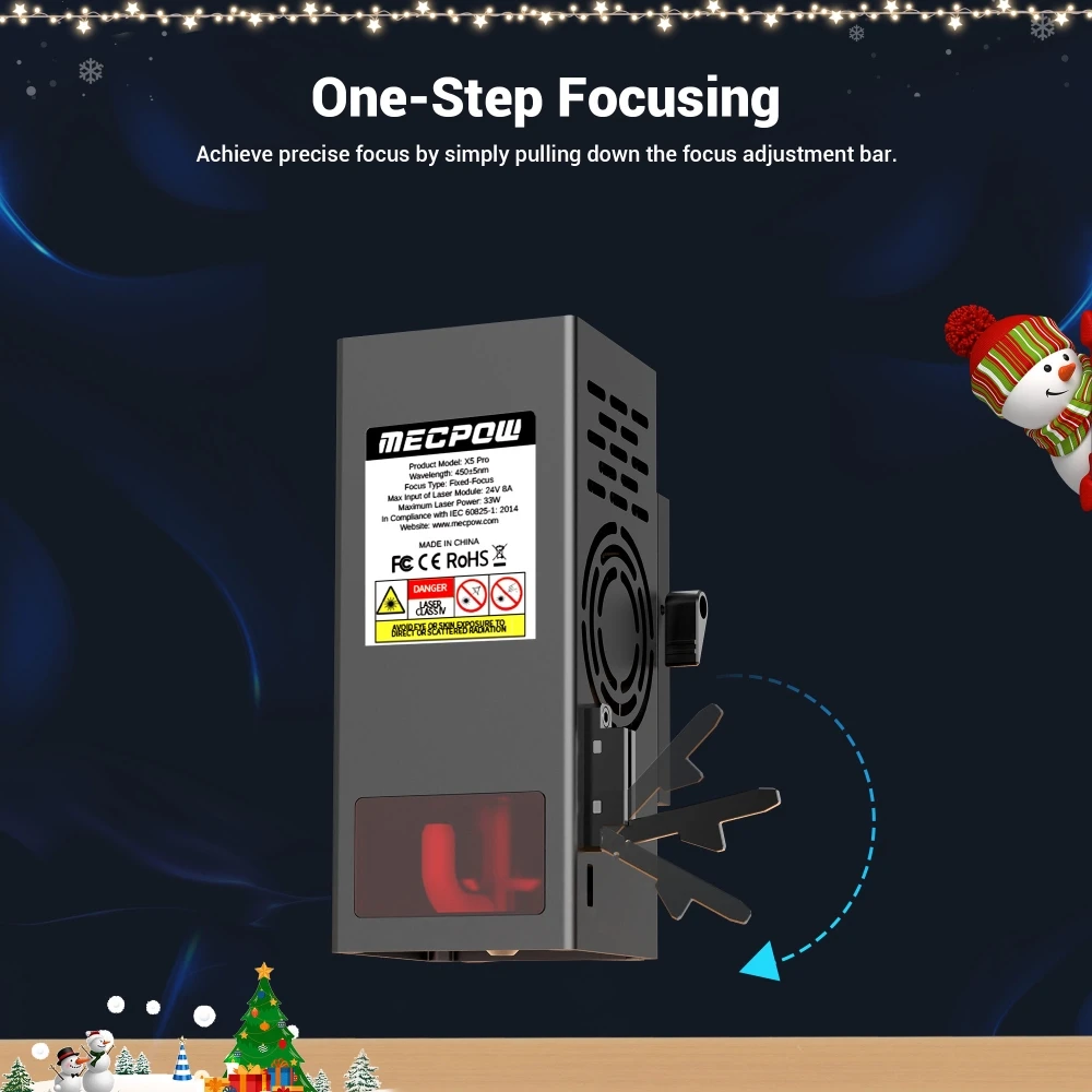 Graveur laser Mecpow X5 Pro, puissance laser 33 W, assistance pneumatique automatique, point laser 0,08 x 0,1 mm, vitesse de gravure 28 000 mm/min, verrouillage de sécurité, arrêt d'urgence, détection de flamme, gravure hors ligne, 600 x 600 mm