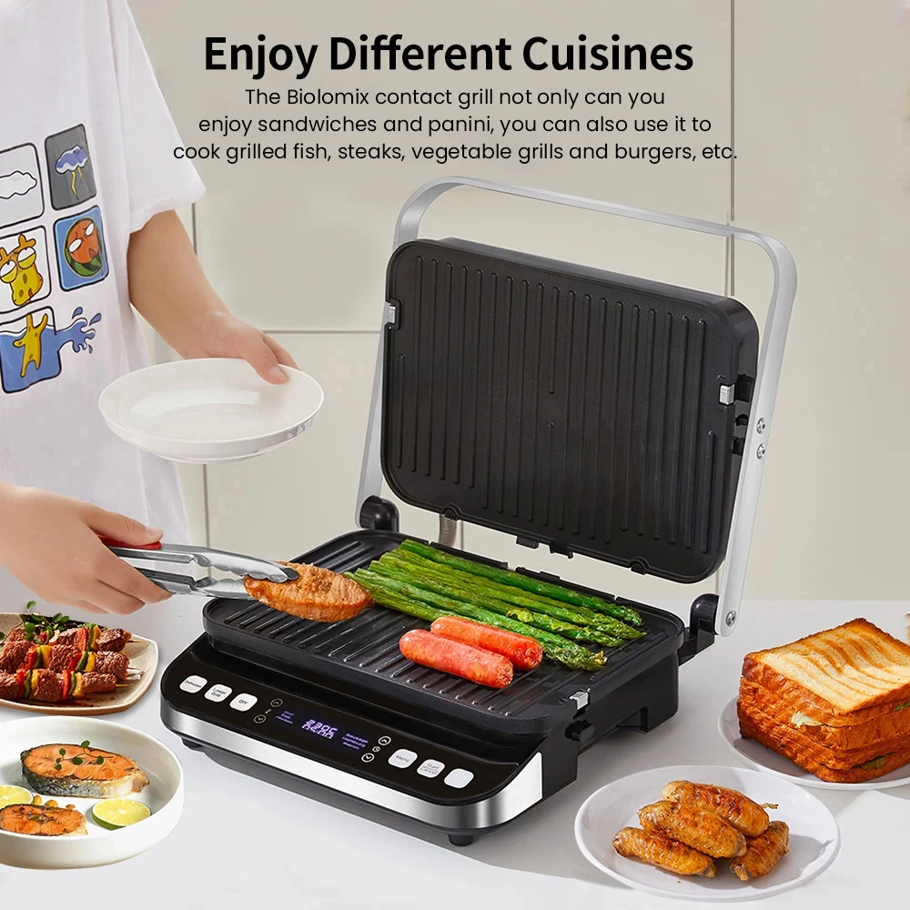 BioloMix BCG02D 2000W Electric Contact Grill, Removable/Reversible & Non-stick Plates, Smokeless, LCD Display & Digital Control, Opens 180 Degree