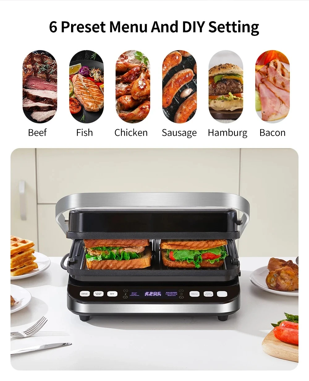 BioloMix BCG02D 2000W Electric Contact Grill, Removable/Reversible & Non-stick Plates, Smokeless, LCD Display & Digital Control, Opens 180 Degree