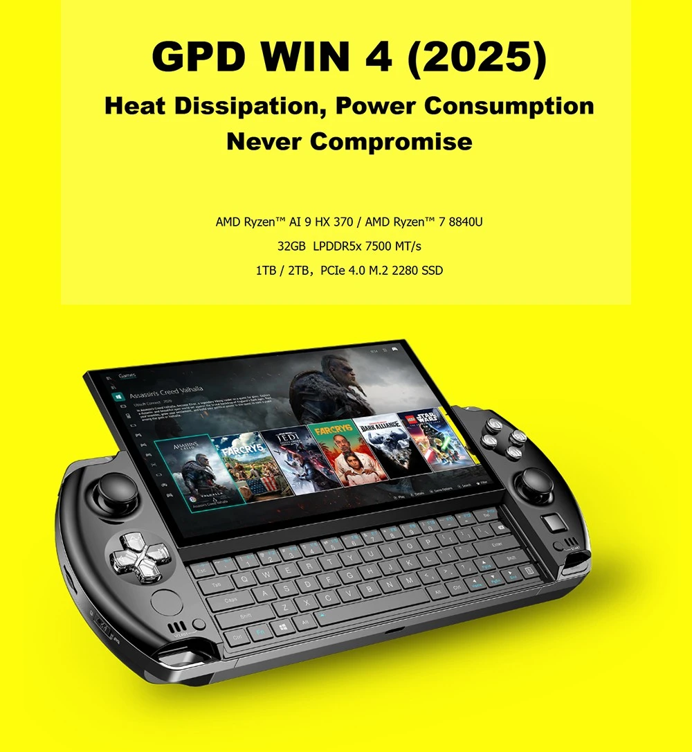 Ordinateur portable de jeu portable GPD WIN 4 (2025), AMD Ryzen AI 9 HX 370 12 cœurs Max 5,1 GHz, 32 Go de RAM 2 To SSD, WiFi 6E Bluetooth 5.3, 1 * USB4, 1 * USB 3.2 Type-C complet, 1 * USB 3.2 Type-C de chargement uniquement, 1 * Oculink, 3 * USB 3.2, 1 * HDMI 2.0, 1 * RJ45 - Prise UE