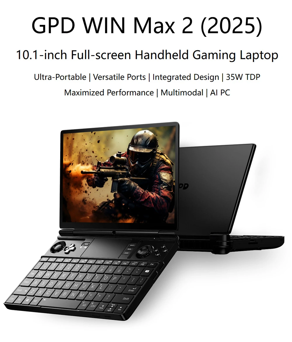 PC de jeu portable GPD WIN Max 2 (2025), AMD Ryzen 7 8840U 8 cœurs, 5,1 GHz max., écran 10,1 pouces (2560 x 1600), 32 Go de RAM LPDDR5x à 7 500 MT/s, SSD 1 To, 4G LTE, Wi-Fi 6E, Bluetooth 5.3, 2 ports USB 4, 1 carte Oculink, 1 HDMI 2.1, 2 ports USB 3.2, 1 carte SD, 1 carte microSD, TDP 35 W - Prise UE