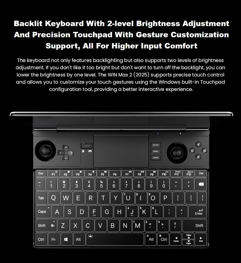 PC de jeu portable GPD WIN Max 2 (2025), AMD Ryzen 7 8840U 8 cœurs, 5,1 GHz max., écran 10,1 pouces (2560 x 1600), 32 Go de RAM LPDDR5x à 7 500 MT/s, SSD 1 To, 4G LTE, Wi-Fi 6E, Bluetooth 5.3, 2 ports USB 4, 1 carte Oculink, 1 HDMI 2.1, 2 ports USB 3.2, 1 carte SD, 1 carte microSD, TDP 35 W - Prise UE