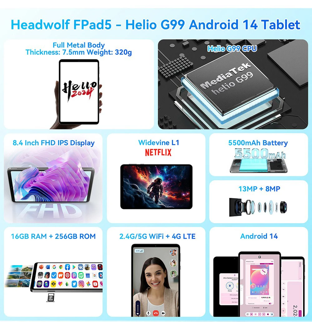 Headwolf FPad5 Android 14 Tablet, 8.4-inch 1920*1200 IPS Screen, Helio G99 8 Core Max 2.2GHz, 16GB RAM (8GB + 8GB Expansion) 256GB ROM, 2.4G/5G WiFi Bluetooth 5.0 Dual 4G LTE, 13MP+8MP Camera, Face Unlock, 5500mAh Battery, Widevine L1