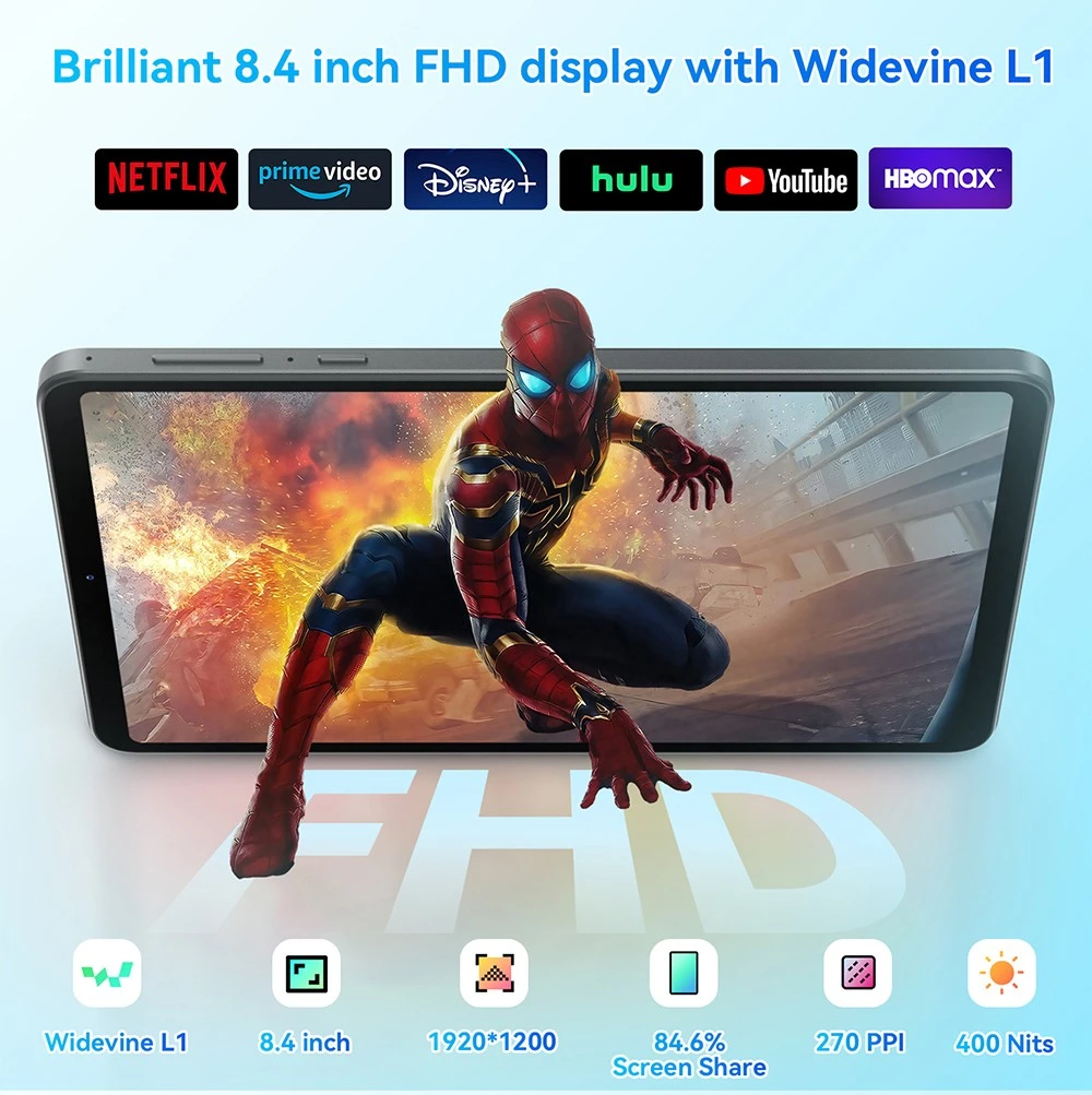 Headwolf FPad5 Android 14 Tablet, 8.4-inch 1920*1200 IPS Screen, Helio G99 8 Core Max 2.2GHz, 16GB RAM (8GB + 8GB Expansion) 256GB ROM, 2.4G/5G WiFi Bluetooth 5.0 Dual 4G LTE, 13MP+8MP Camera, Face Unlock, 5500mAh Battery, Widevine L1