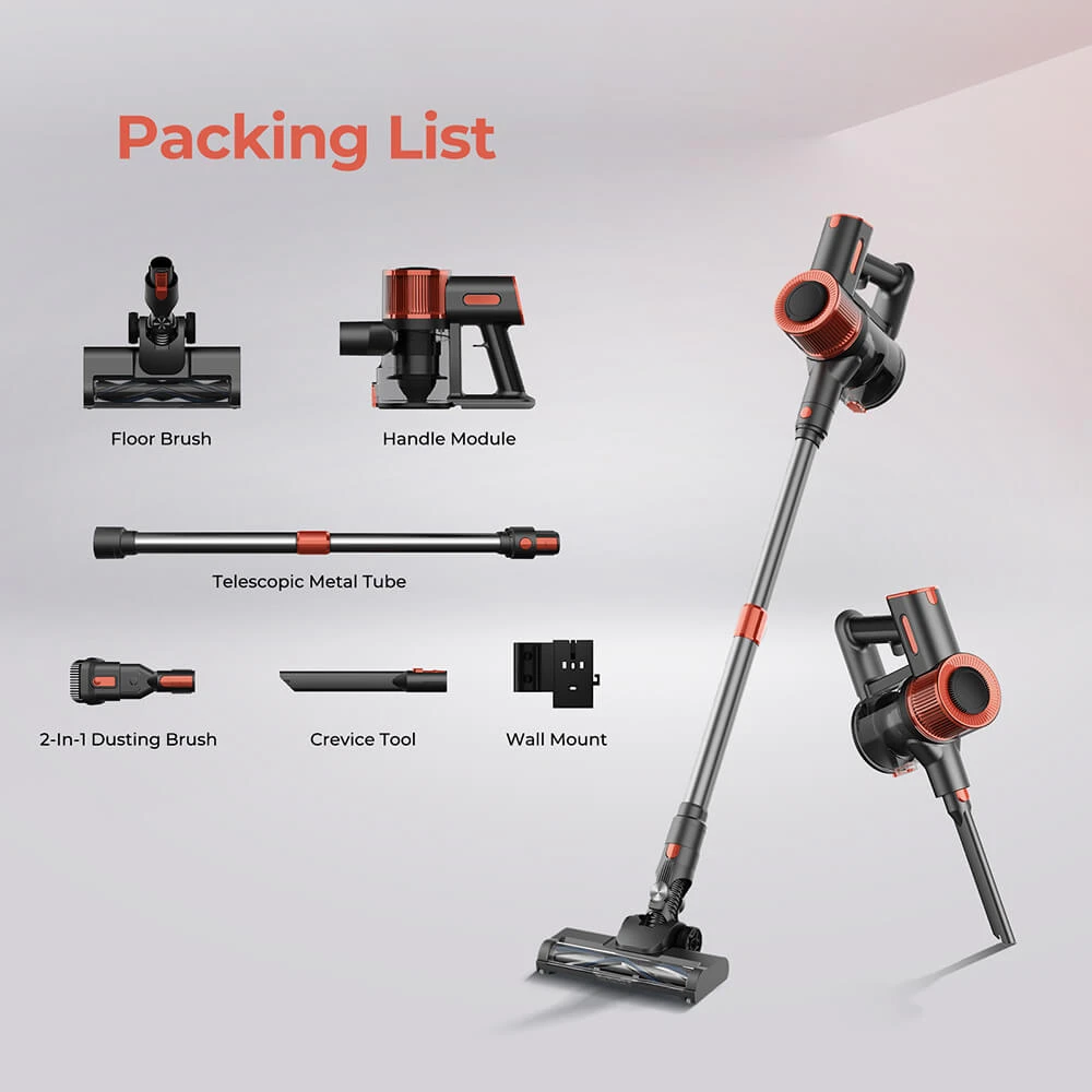JIGOO C200 Cordless Vacuum Cleaner, 23KPa Suction, 40min Runtime, 2 Work Modes, Telescopic Metal Tube & LED Headlight, Gray
