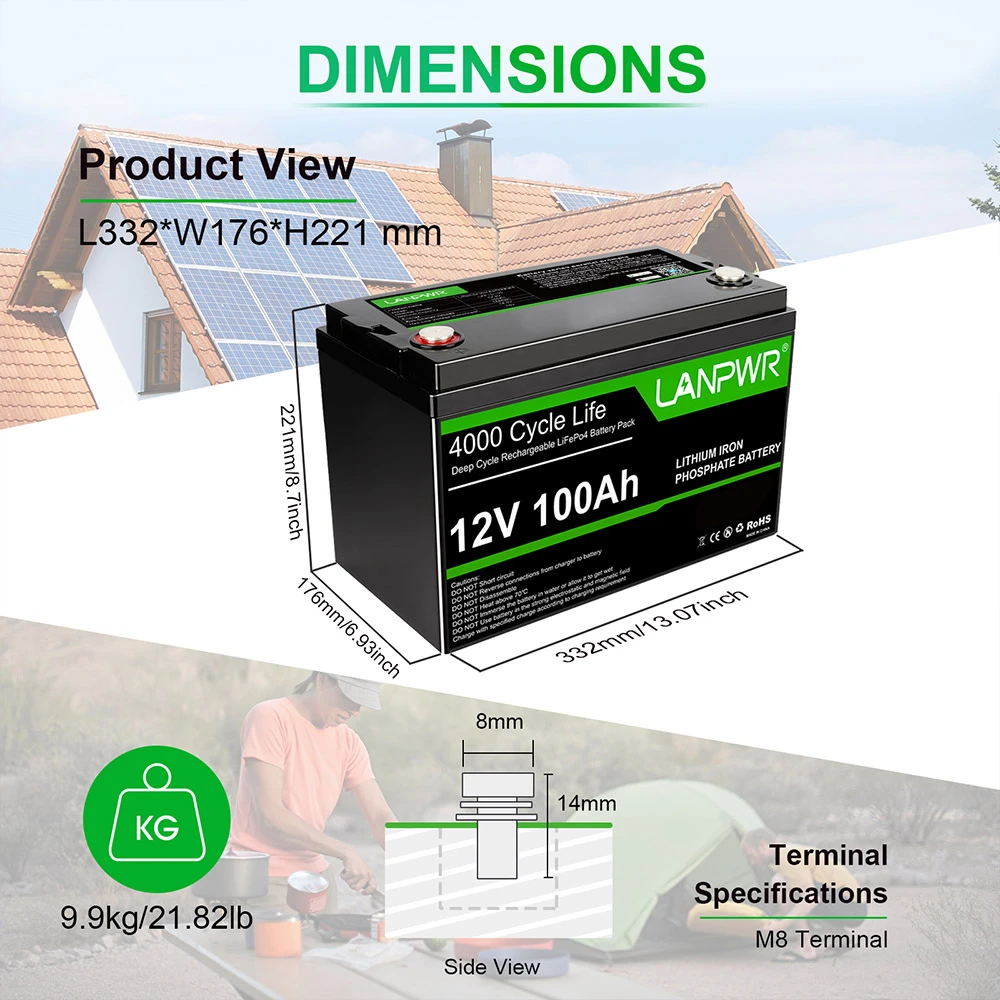 LANPWR 12V 100Ah LiFePO4 Battery Pack, 1280Wh Energy, with 4000+ Deep Cycles & Built-In 100A BMS, with Bluetooth