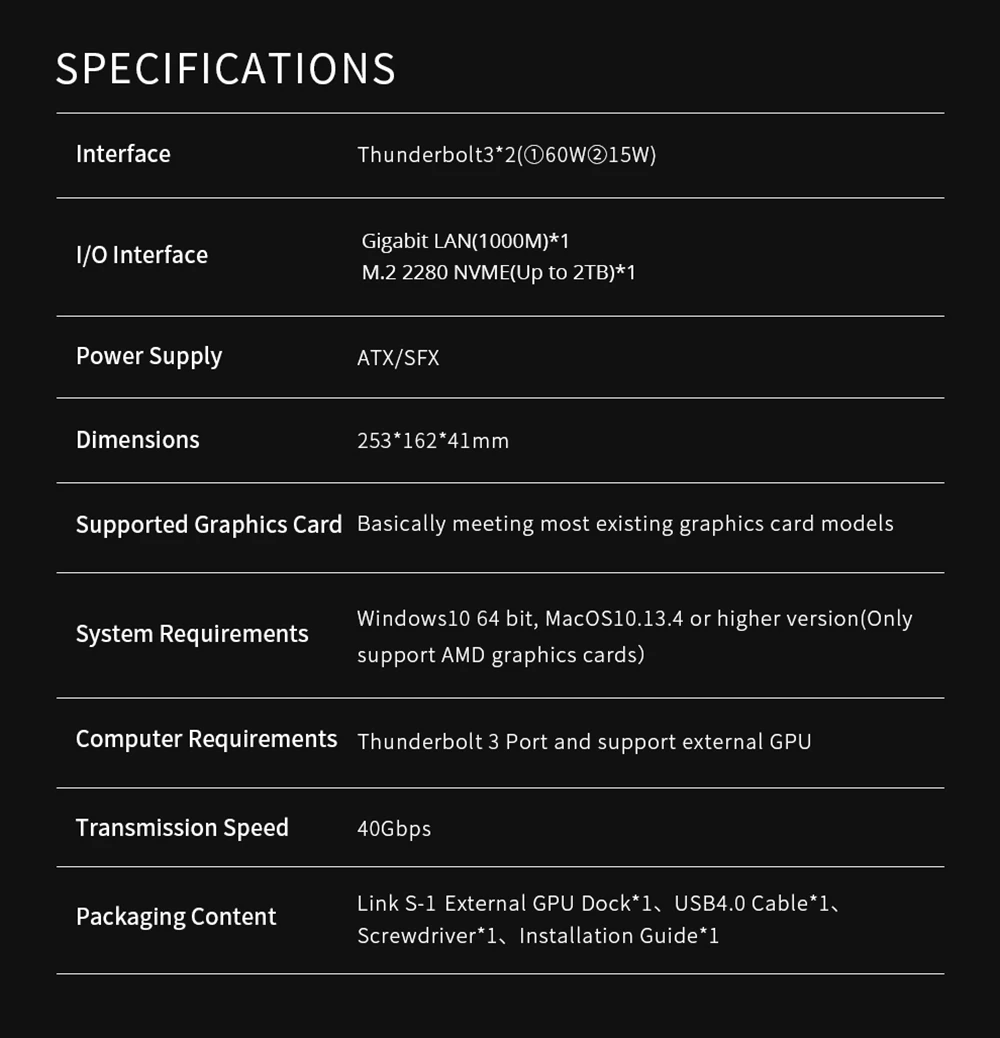 PELADN Link S-1 eGPU Dock, 2*Thunderbolt 3, 1*1000M LAN, 1* M.2 2280 NVME SSD, Transmission Speed, Compatible with ATX/SFX Power Supply