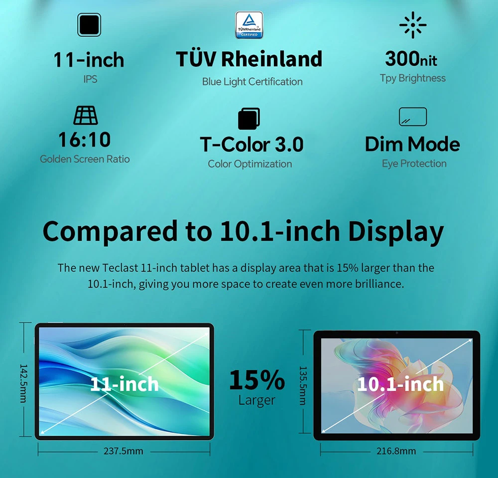 Tablet Teclast P50 de 11 pulgadas, Android 15, 6GB RAM 128GB ROM, cámara de 13MP+5MP, resolución 1280x800, Octa-core, batería de 8000mAh, Type-c/GMS/WiFi/Bluetooth/Jack 3.5mm