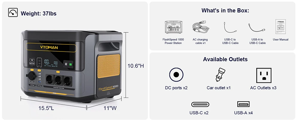 VTOMAN Flashspeed 1000 Portable Power Station, 1000W(2000W Peak), 828Wh LiFePO4 Battery, with AC/USB/DC Output Ports