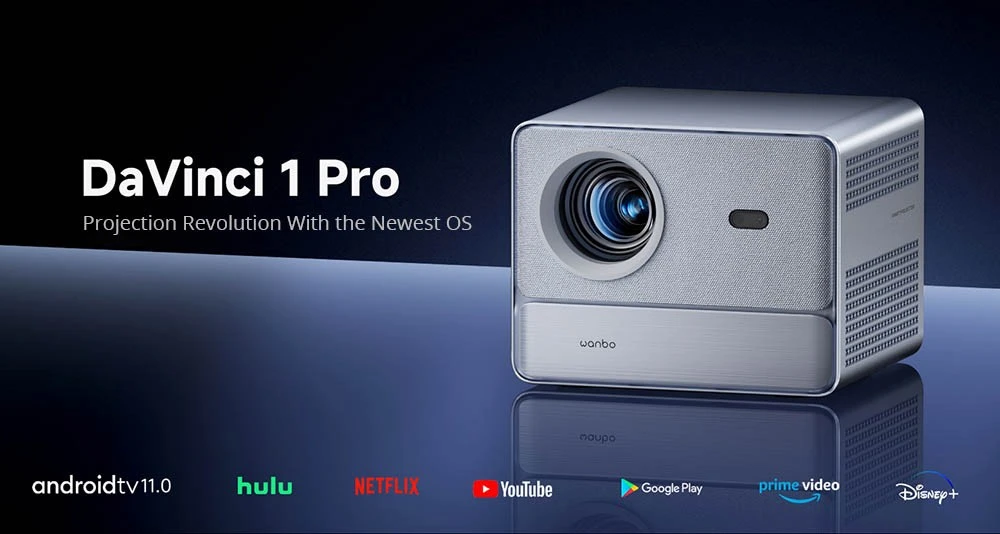 Proiettore WANBO DaVinci 1 Pro ricondizionato, Android 11, 600 lumen ANSI, HDR 10, WiFi 5G Bluetooth, messa a fuoco automatica/correzione trapezoidale automatica/adattamento automatico dello schermo/evitamento degli ostacoli, YouTube/Disney/Prime Video preinstallato