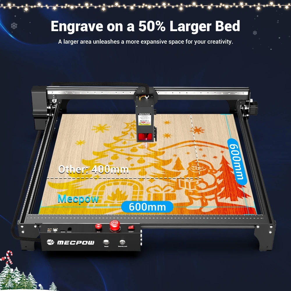 Graveur laser Mecpow X5, puissance laser 22 W, assistance pneumatique automatique, point laser 0,08 x 0,1 mm, vitesse de gravure 28 000 mm/min, verrouillage de sécurité, arrêt d'urgence, détection de flamme, gravure hors ligne, 600 x 600 mm