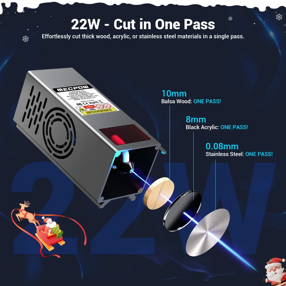 Graveur laser Mecpow X5, puissance laser 22 W, assistance pneumatique automatique, point laser 0,08 x 0,1 mm, vitesse de gravure 28 000 mm/min, verrouillage de sécurité, arrêt d'urgence, détection de flamme, gravure hors ligne, 600 x 600 mm
