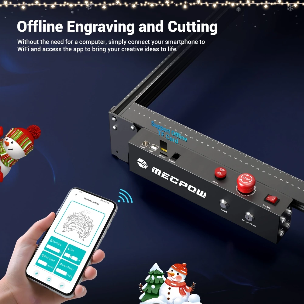 Graveur laser Mecpow X5 Pro, puissance laser 33 W, assistance pneumatique automatique, point laser 0,08 x 0,1 mm, vitesse de gravure 28 000 mm/min, verrouillage de sécurité, arrêt d'urgence, détection de flamme, gravure hors ligne, 600 x 600 mm