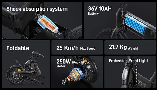 DYU A16 elektrinis dviratis, 250 W variklis, 36 V 10 Ah baterija, 16 colių padanga, 25 km/h maksimalus greitis, 55 km atstumas, dvigubi diskiniai stabdžiai – juodi