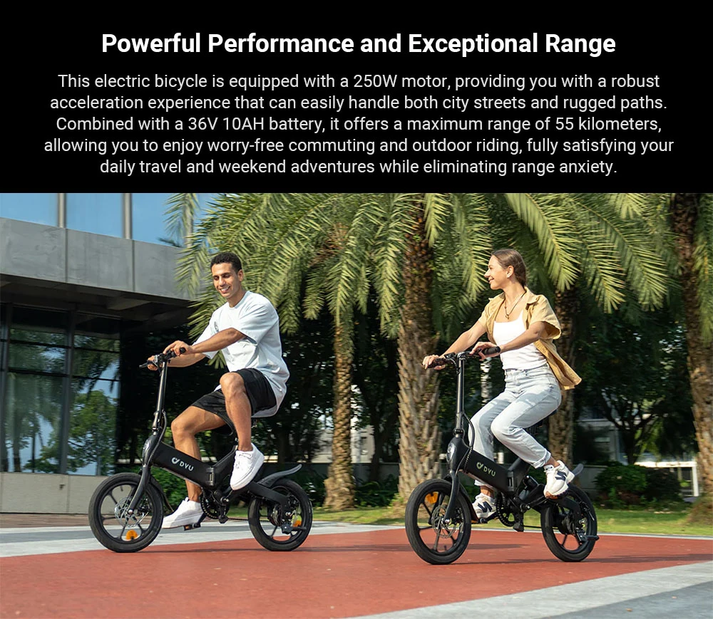 DYU A16 Electric Bike, 250W Motor, 36V 10Ah Battery, 16-inch Tire, 25km/h Max Speed, 55km Range, Dual Disc Brakes - Black