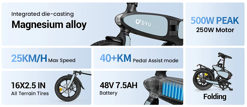 DYU C2 Electric Bike, 250W Motor, 48V 7.5Ah Battery, 16*2.5-inch Tires, 25km/h Max Speed, 40km Range, Dual Disc Brakes, LED Display
