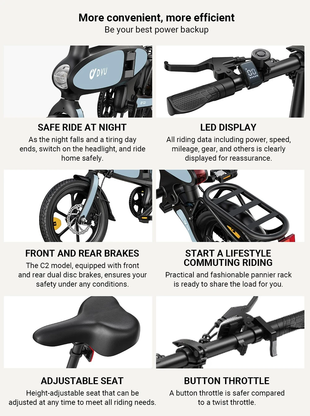 DYU C2 Electric Bike, 250W Motor, 48V 7.5Ah Battery, 16*2.5-inch Tires, 25km/h Max Speed, 40km Range, Dual Disc Brakes, LED Display