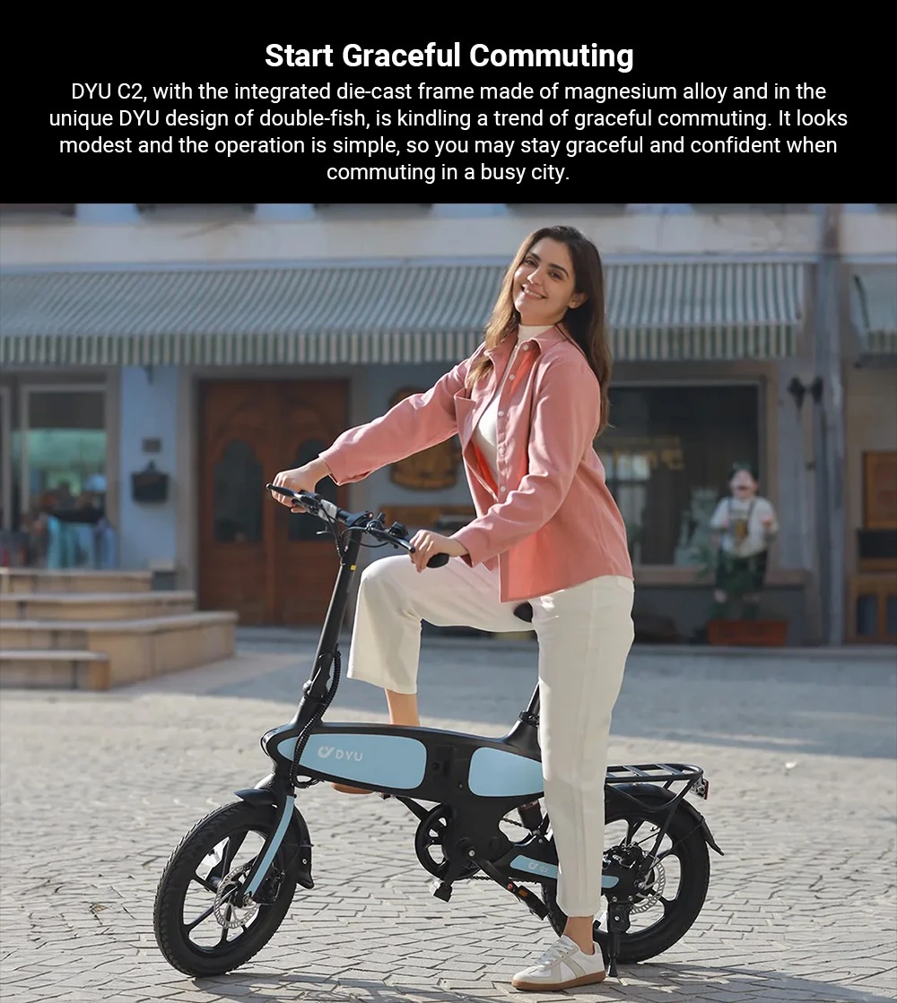 DYU C2 Electric Bike, 250W Motor, 48V 7.5Ah Battery, 16*2.5-inch Tires, 25km/h Max Speed, 40km Range, Dual Disc Brakes, LED Display