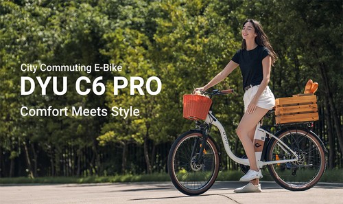 DYU C6 Pro Electric Bike, 250W Motor, 36V 15.6Ah Battery, 26*2.125-inch Tire, 25km/h Max Speed, 80km Range, Disc Brake, Front Fork Suspension, Shimano 7-speed, LED Display - White