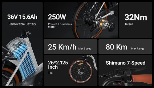 Vélo électrique DYU C6 Pro, moteur 250 W, batterie 36 V 15,6 Ah, pneu 26 x 2,125 pouces, vitesse maximale 25 km/h, autonomie 80 km, frein à disque, suspension à fourche avant, Shimano 7 vitesses, écran LED - Blanc