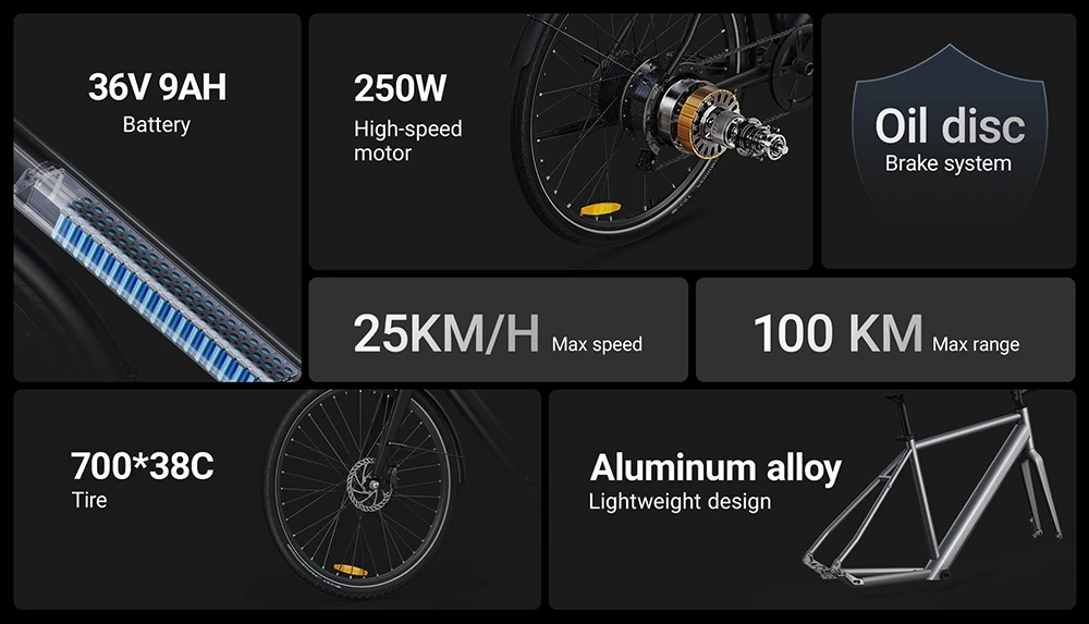 DYU Stroll 1 Electric Bike, 250W Motor, 36V 9Ah Battery, 700*38C CST Tire, 25km/h Max Speed, 100km Range, Dual Hydraulic Disc Brake, Shimano 7-speed, LED Display - Black