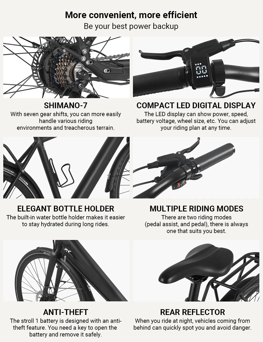 DYU Stroll 1 Electric Bike, 250W Motor, 36V 9Ah Battery, 700*38C CST Tire, 25km/h Max Speed, 100km Range, Dual Hydraulic Disc Brake, Shimano 7-speed, LED Display - Black