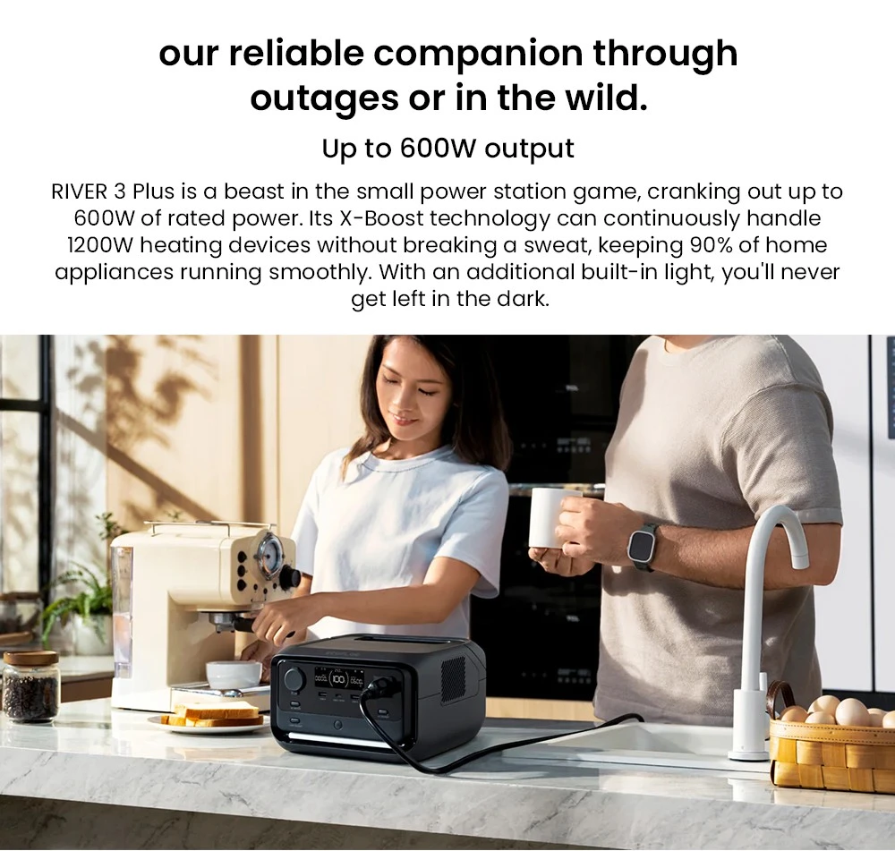 EcoFlow RIVER 3 Plus Portable Power Station, 286Wh LiFePO4 Battery, 600W Up to 1200W AC Output, 7 Outlets, <10ms UPS & <30dB Noise, Expandable to 858Wh, App Control, 1h Fast Charging Solar Generator for Outdoor Camping/RV/Home Use