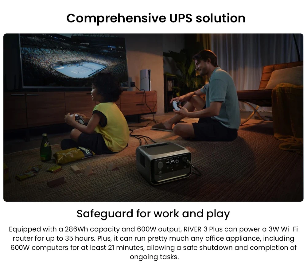 EcoFlow RIVER 3 Plus Portable Power Station, 286Wh LiFePO4 Battery, 600W Up to 1200W AC Output, 7 Outlets, <10ms UPS & <30dB Noise, Expandable to 858Wh, App Control, 1h Fast Charging Solar Generator for Outdoor Camping/RV/Home Use