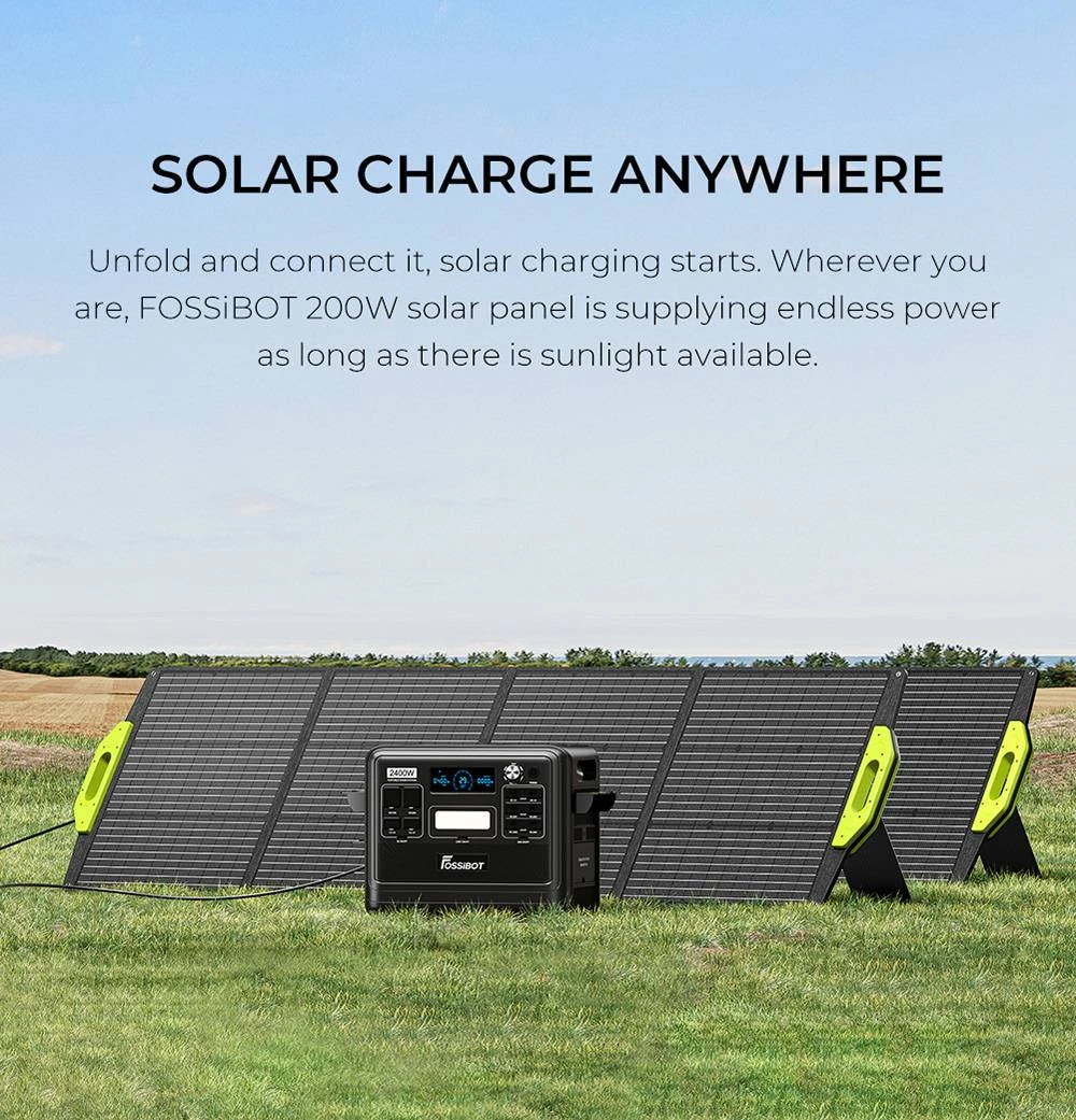 FOSSiBOT SP200 200W Foldable Solar Panel, 23.4% High Cell Efficiency, ETFE Coating, Adjustable Kickstands for Home, RV, Camping, Blackout - Green