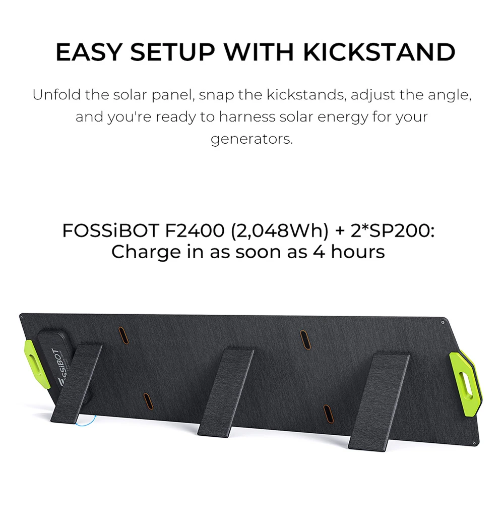 FOSSiBOT SP200 200W Foldable Solar Panel, 23.4% High Cell Efficiency, ETFE Coating, Adjustable Kickstands for Home, RV, Camping, Blackout - Green