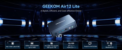 GEEKOM Air12 Lite Mini PC, Intel N100 4 Cores Max 3.4GHz, 8GB RAM 256GB SSD, HDMI + DP Dual Screen Display, WiFi 5 Bluetooth 5.1, 4*USB 3.2, 2*USB 2.0, 1*RJ45, 1*9-pin Expansion Jack, 1*Headphone Jack, 1*Microphone Jack, Iceblast Cooling System