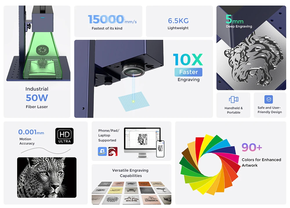 Machine de marquage laser Gweike Cloud G2 MAX 50 W, vitesse de 15 000 mm/s, précision de 0,001 mm, 150 mm x 150 mm, gravure de 5 mm de profondeur, plus de 90 couleurs, GWEIKE Glaser/LightBurn, compatible avec les rouleaux rotatifs