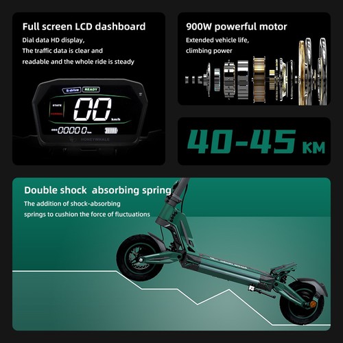 HONEYWHALE G2 Pro Electric Scooter, 900W Motor, 54.6V 16Ah Battery, 40km/h Max Speed, 45km Range, Disc Brake, Double Shock Absorbing Spring, LCD Display - Green