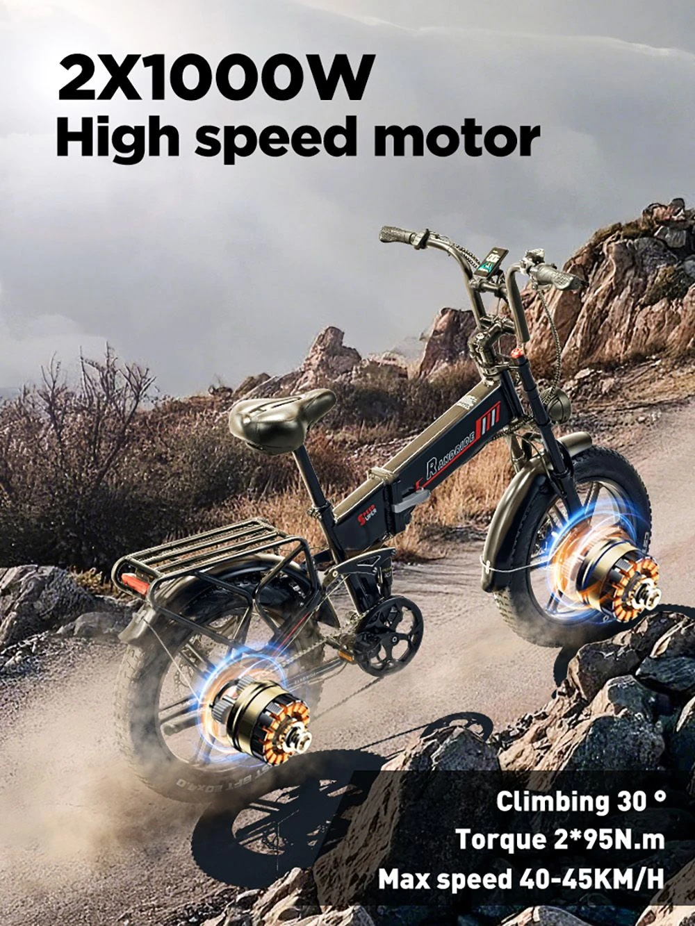 RANDRIDE YX20M-2 Electric Bike, 1000W*2 Motor, 48V 20Ah Battery, 20*4.0-inch Fat Tires, 45km/h Max Speed, 60km Range, Hydraulic Brake, Double Shock Suspension, Shimano 7-Speed, LCD Display