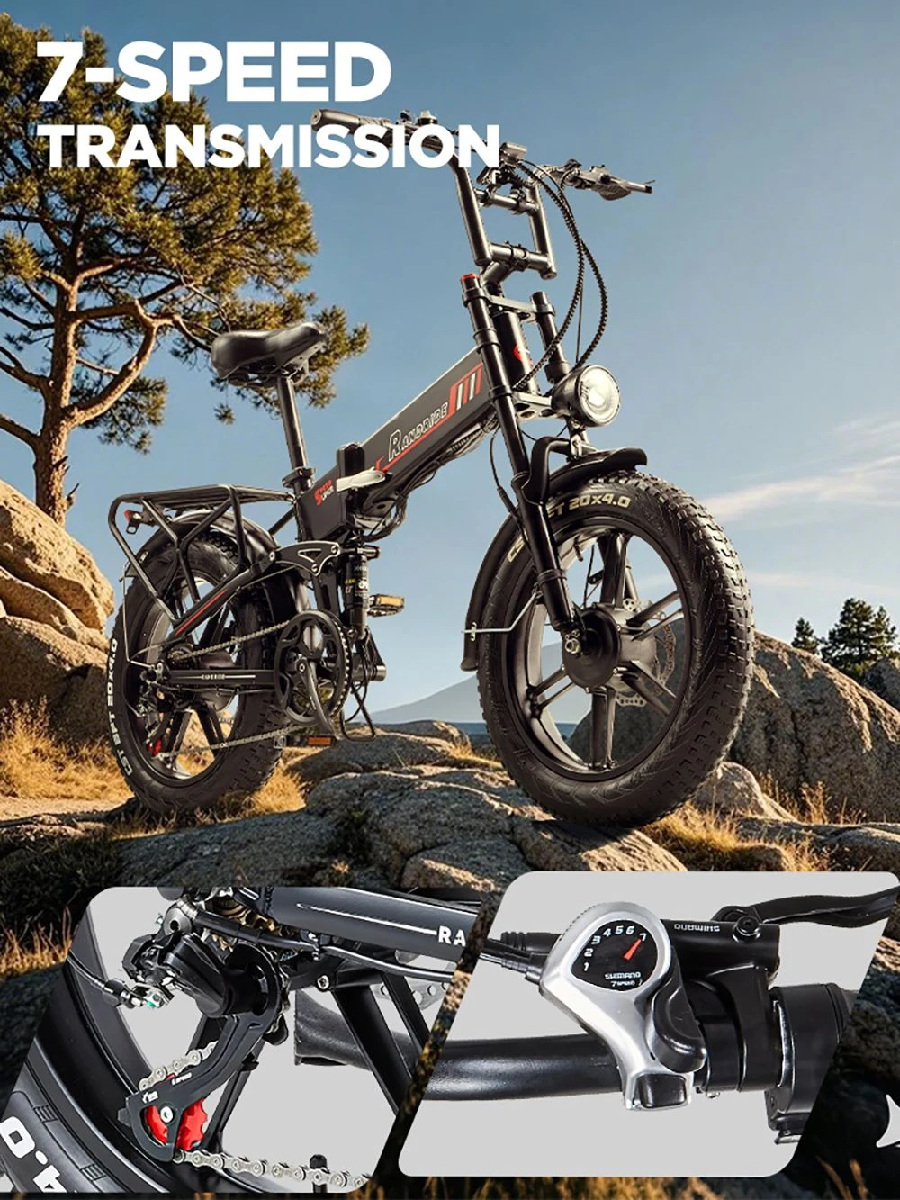 RANDRIDE YX20M-2 Electric Bike, 1000W*2 Motor, 48V 20Ah Battery, 20*4.0-inch Fat Tires, 45km/h Max Speed, 60km Range, Hydraulic Brake, Double Shock Suspension, Shimano 7-Speed, LCD Display