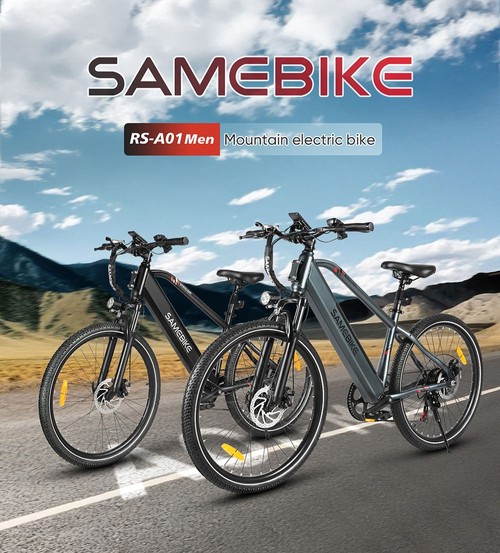 SAMEBIKE RS-A01 vyriškas elektrinis dviratis, 500 W variklis, 36 V 15 Ah baterija, 26 colių padanga, 35 km/h maksimalus greitis, 80 km atstumas, mechaniniai diskiniai stabdžiai, dviguba pakabos sistema, 7 greičių Shimano, LCD ekranas – juodas