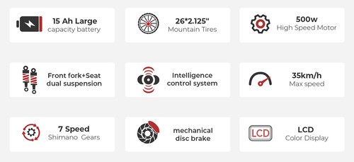 SAMEBIKE RS-A01 vyriškas elektrinis dviratis, 500 W variklis, 36 V 15 Ah baterija, 26 colių padanga, 35 km/h maksimalus greitis, 80 km atstumas, mechaniniai diskiniai stabdžiai, dviguba pakabos sistema, 7 greičių Shimano, LCD ekranas – juodas