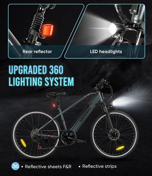 SAMEBIKE RS-A01 vyriškas elektrinis dviratis, 500 W variklis, 36 V 15 Ah baterija, 26 colių padanga, 35 km/h maksimalus greitis, 80 km atstumas, mechaniniai diskiniai stabdžiai, dviguba pakabos sistema, 7 greičių Shimano, LCD ekranas – juodas