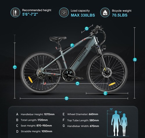 SAMEBIKE RS-A01 vīriešu elektriskais velosipēds, 500 W motors, 36 V 15 Ah akumulators, 26 collu riepa, 35 km/h maksimālais ātrums, 80 km darbības rādiuss, mehāniskās disku bremzes, dubultā piekares sistēma, 7 ātrumu Shimano, LCD displejs - melns