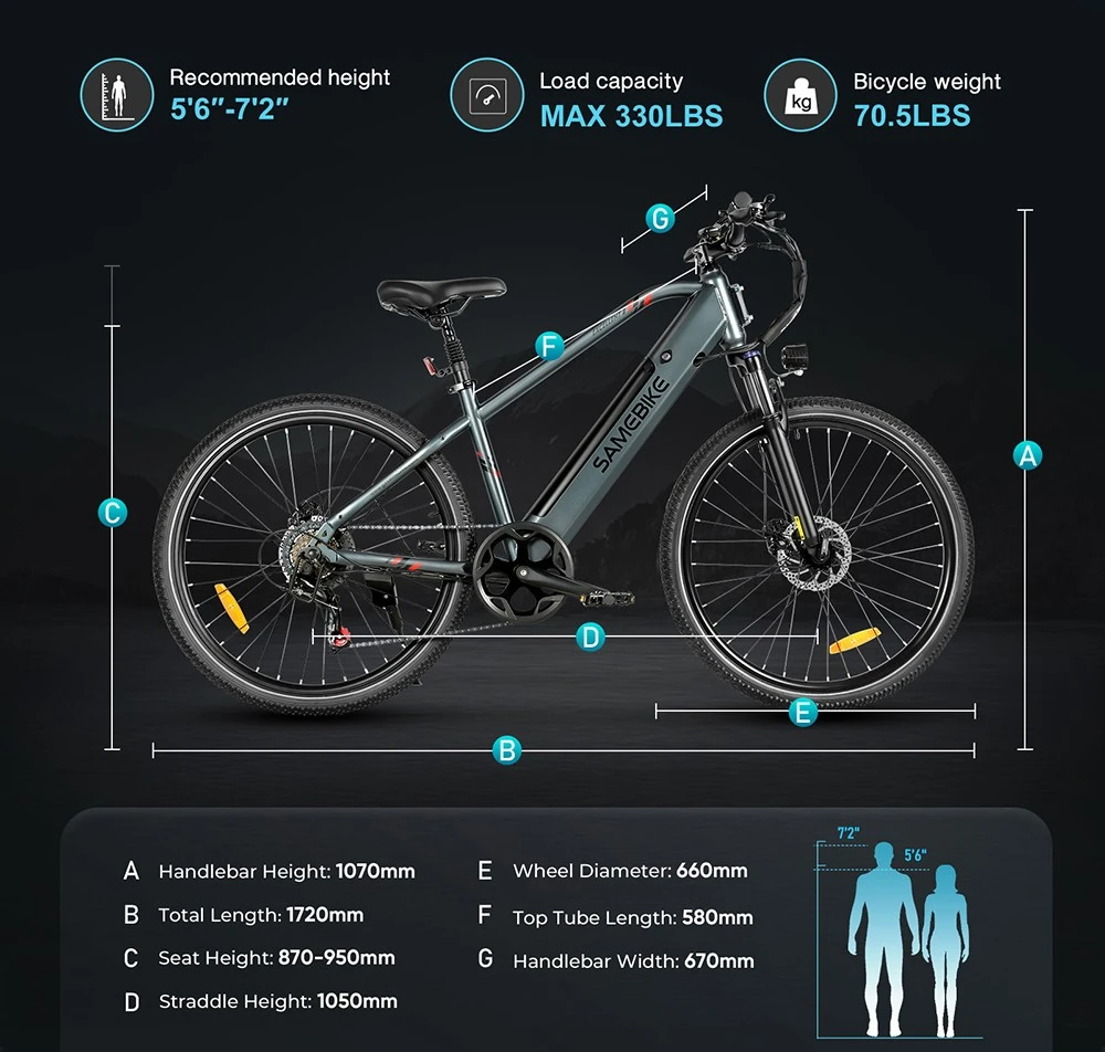 SAMEBIKE RS-A01 Men Electric Bike, 500W Motor, 36V 15Ah Battery, 26 inch Tire, 35km/h Max Speed, 80km Range, Mechanical Disc Brakes, Dual Suspension System, Shimano 7-speed, LCD Display - Blue