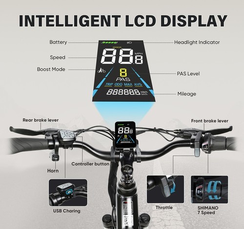 SAMEBIKE RS-A01 Pro-T Electric Bike, 500W Motor, 36V 15Ah Battery, 27.5'*2.1 inch Tire, 32km/h Max Speed, 90km Range, Mechanical Disc Brakes, Adjustable Front Fork, Shimano 7-speed, LCD Display - Black
