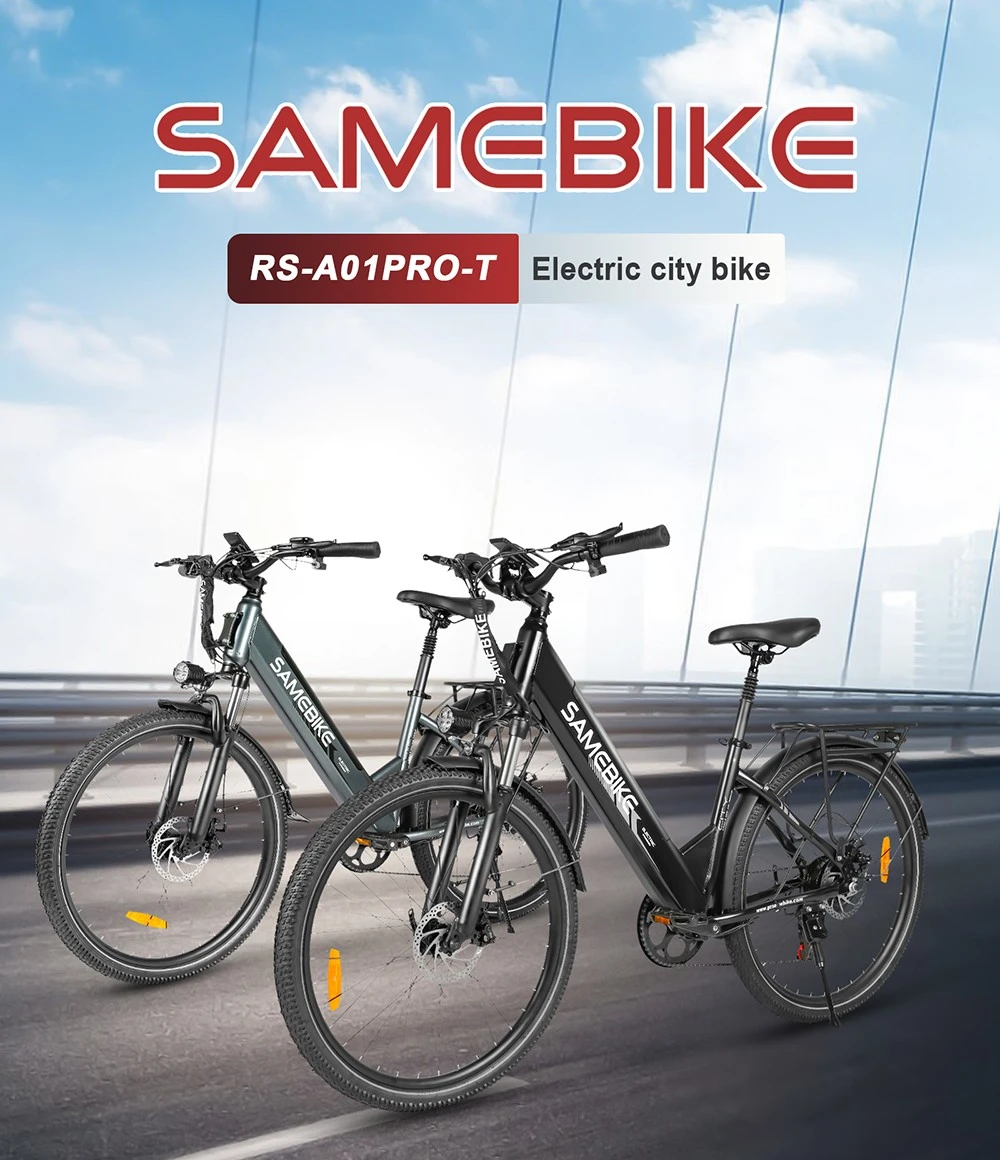SAMEBIKE RS-A01 Pro-T Electric Bike, 500W Motor, 36V 15Ah Battery, 27.5'*2.1 inch Tire, 32km/h Max Speed, 90km Range, Mechanical Disc Brakes, Adjustable Front Fork, Shimano 7-speed, LCD Display - White