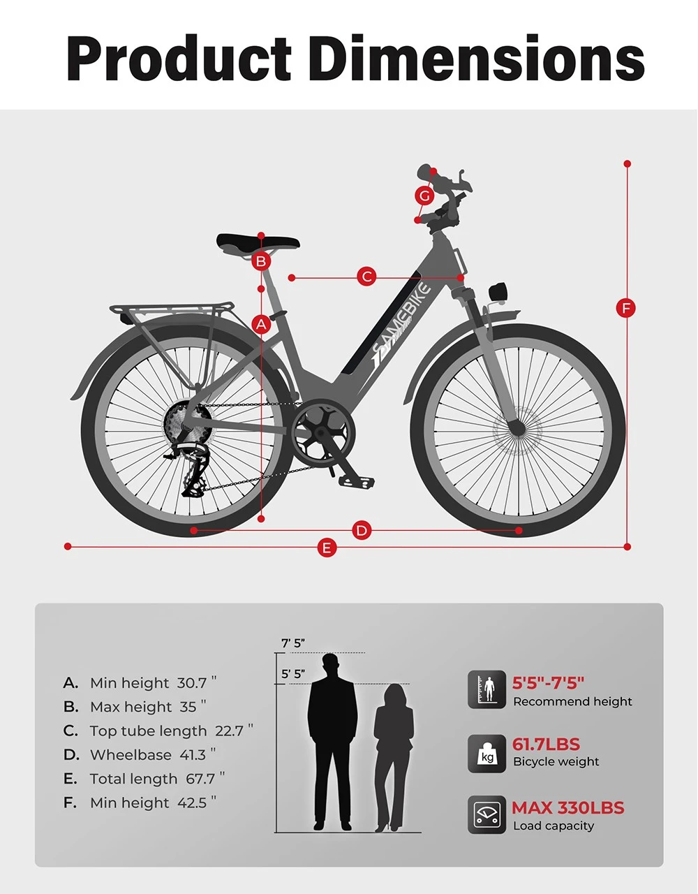 SAMEBIKE RS-A01 Pro-T Electric Bike, 500W Motor, 36V 15Ah Battery, 27.5'*2.1 inch Tire, 32km/h Max Speed, 90km Range, Mechanical Disc Brakes, Adjustable Front Fork, Shimano 7-speed, LCD Display - White