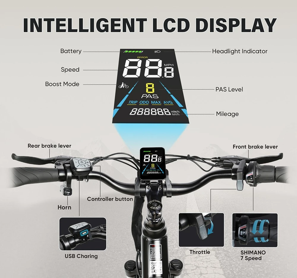 SAMEBIKE RS-A01 Pro-T Electric Bike, 500W Motor, 36V 15Ah Battery, 27.5'*2.1 inch Tire, 32km/h Max Speed, 90km Range, Mechanical Disc Brakes, Adjustable Front Fork, Shimano 7-speed, LCD Display - White