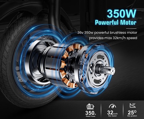 SAMEBIKE SM-C01 salokāms elektriskais skrejritenis ar sēdekli, 350 W motors, 36 V 10,4 Ah akumulators, 12 collu riepa, 32 km/h maksimālais ātrums, 25 km diapazons, mehāniskās disku bremzes, LCD ekrāns - zils