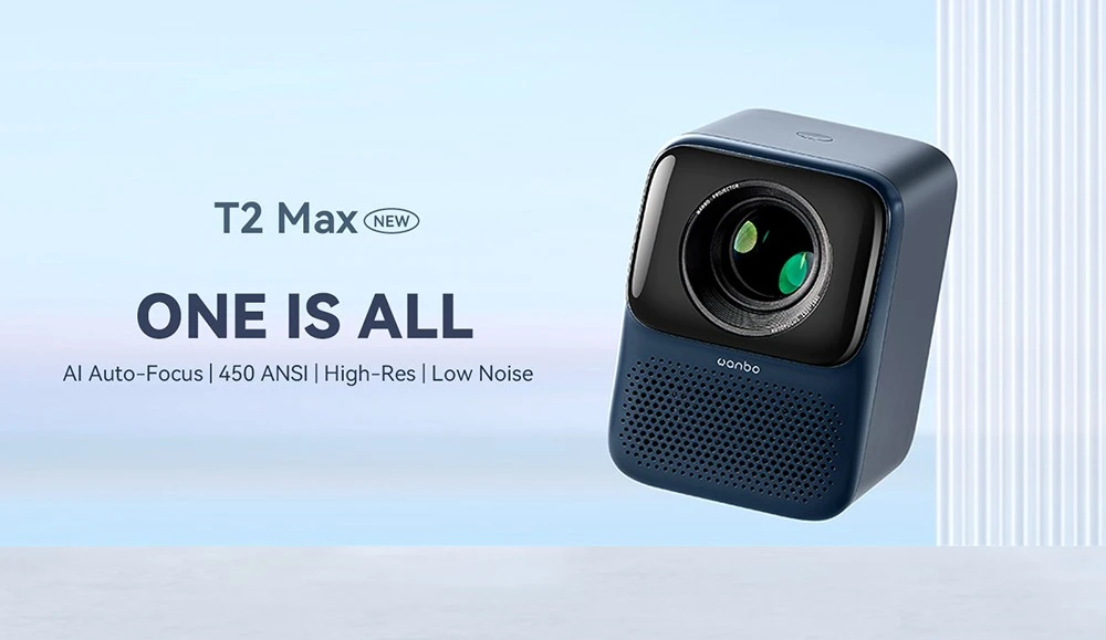 Proiettore LCD Wanbo T2 Max NUOVO ricondizionato, 1080P nativo, motore ottico completamente sigillato, 450 lumen ANSI, Android 9.0, messa a fuoco automatica AI e correzione trapezoidale, Netflix YouTube preinstallato - Blu