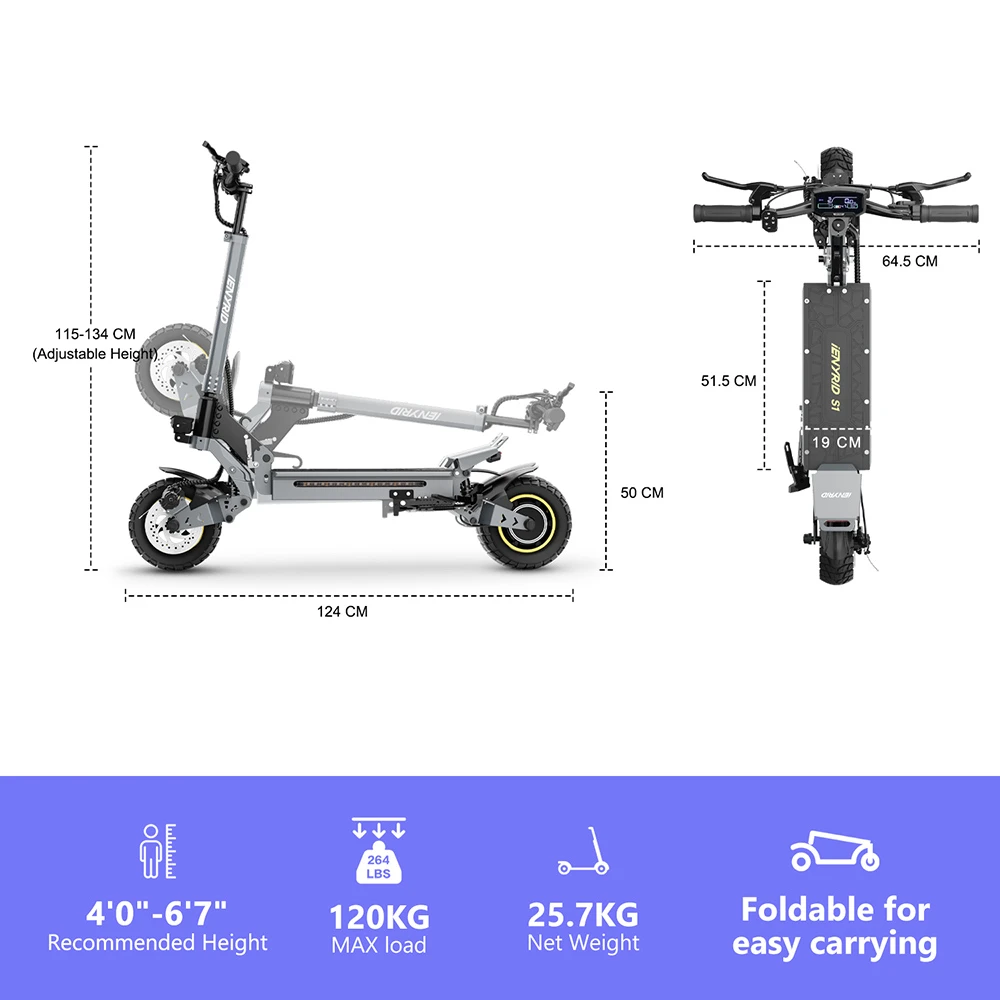 iENYRID S1 Scooter electric, 250W Motor, 48V 15Ah Baterie, 10 inch anvelope off-road, 25km/h Viteză maximă, 40km, Dual Disc Frâne, Suspensie hidraulică frontală și spate, Afișaj LCD