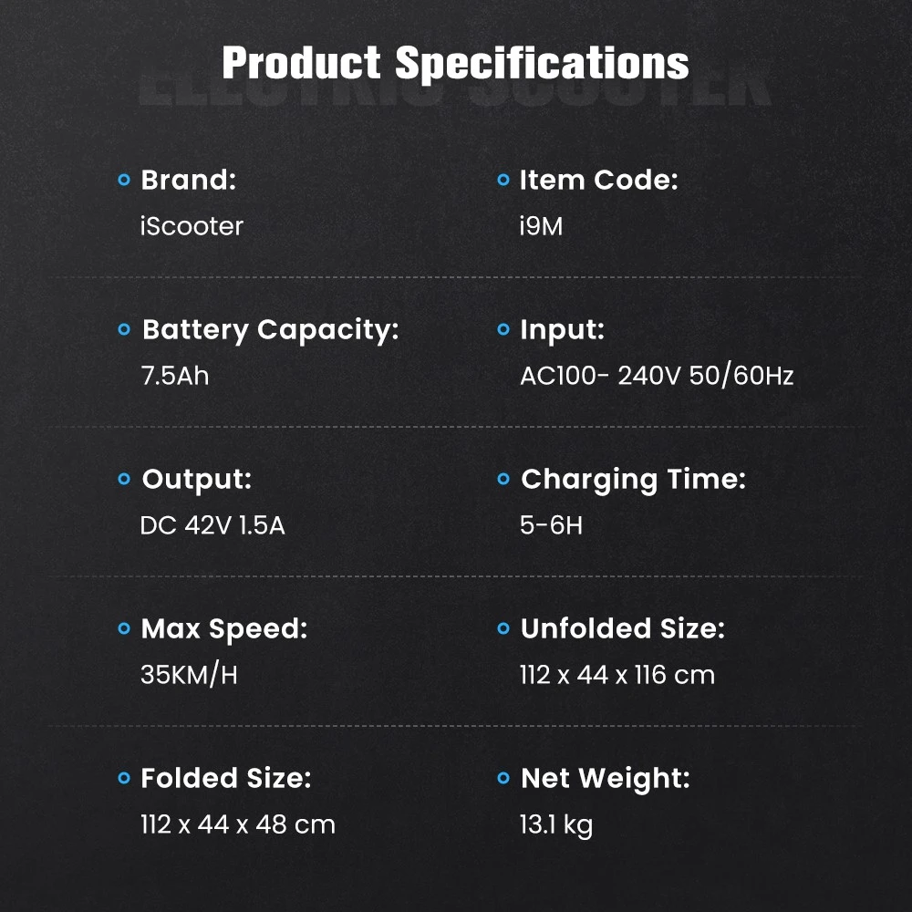 iScooter i9M Electric Scooter, 500W Motor, 42V 7.5AH Battery, 10 inch Pneumatic Tires, 35km/h Max Speed, 30km Range, Front Electronic Brake & Rear Disc Brake, App Control, LCD Display