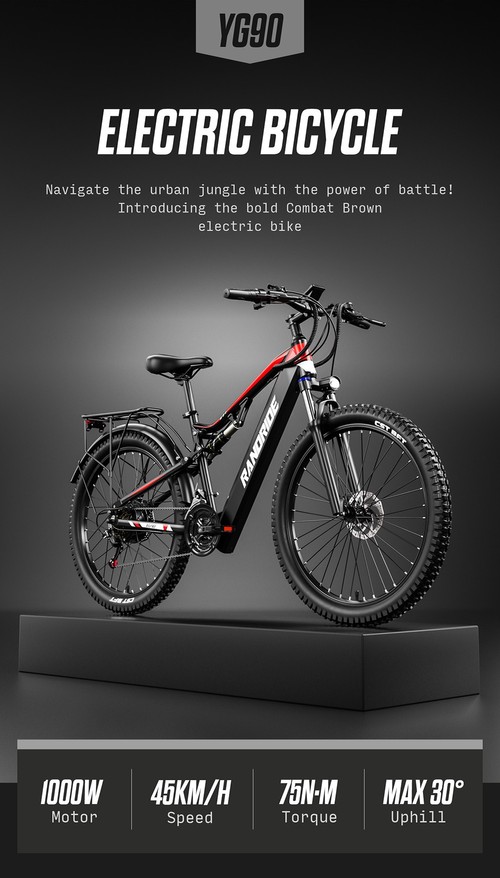 RANDRIDE YG90B Electric Bike 1000W Motor 45km/h Max Speed 48V 17Ah Removable battery 80-90KM Max Range 27.5*2.4'' CST Tires 120kg Load Shimano 21 Gears Hydraulic brake - Black & Red