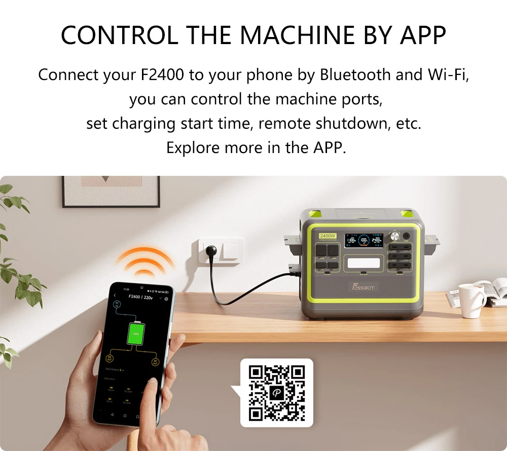 Stazione di alimentazione portatile FOSSiBOT F2400, batteria LiFePO4 da 2048 Wh, generatore solare da 2400 W, 3 prese AC per camper, auto, USB tipo C QC3.0 PD DC5521, onda sinusoidale pura, ricarica rapida in 1,5 ore, manopola di regolazione della potenza in ingresso, inverter bidirezionale - Verde
